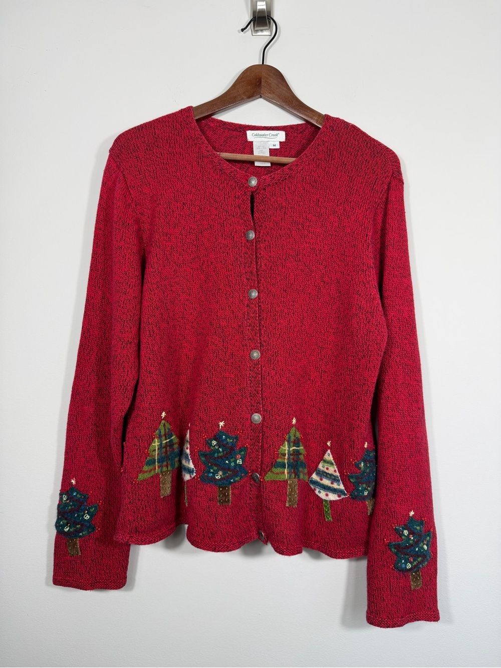 Coldwater Creek Red Christmas Tree Applique Cardigan Sweater Women’s M